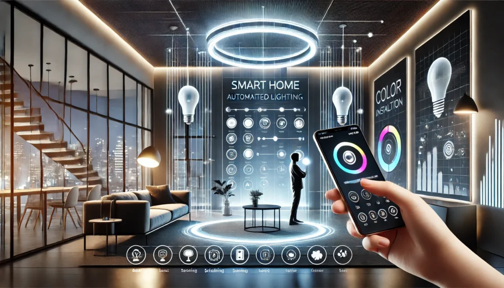 A modern illustration of an automated lighting installation in a smart home with Wi-Fi-connected bulbs and switches.