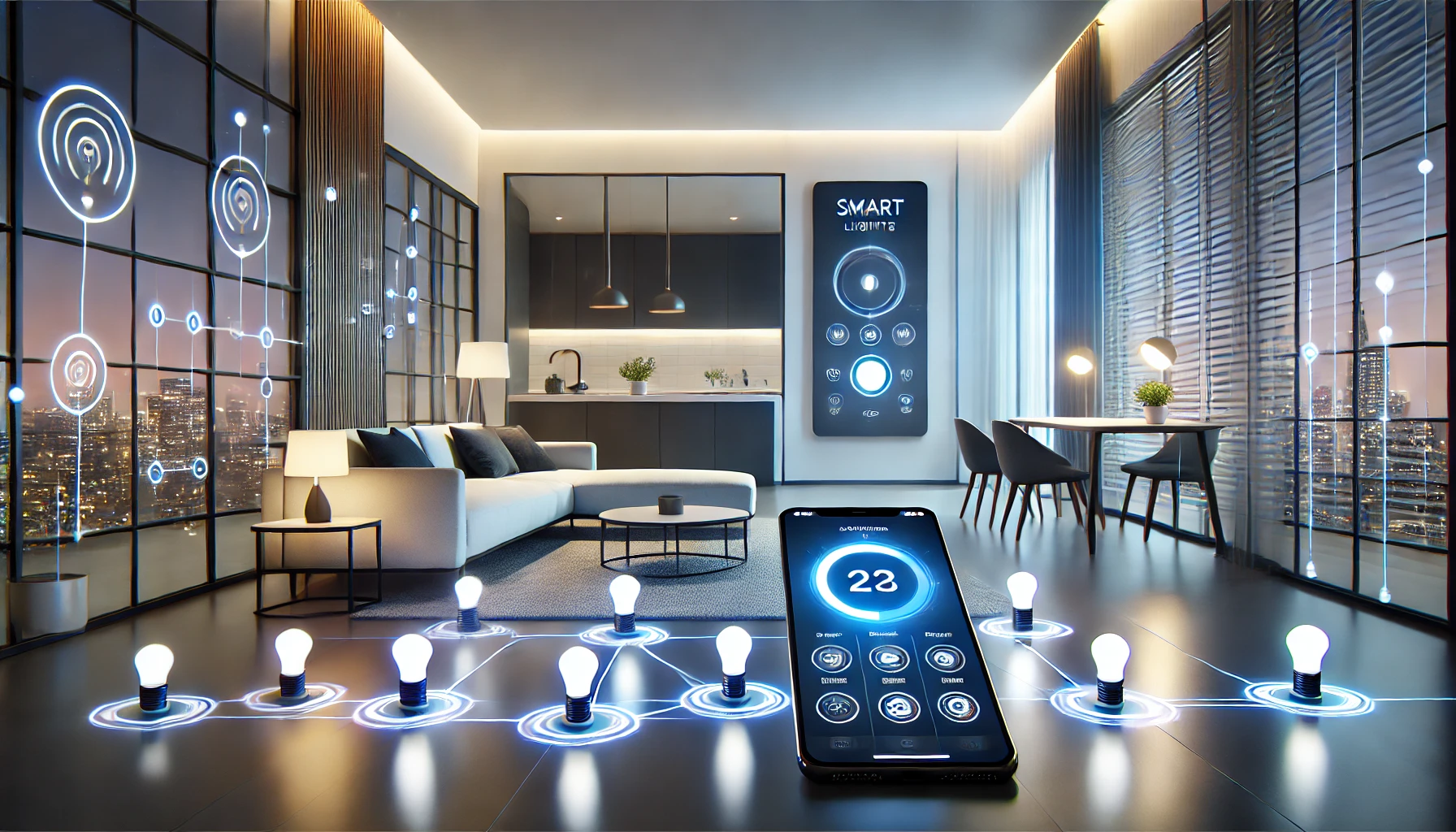  A modern smart home setup showcasing automated lighting installation with smart bulbs, dimmers, and motion sensors.