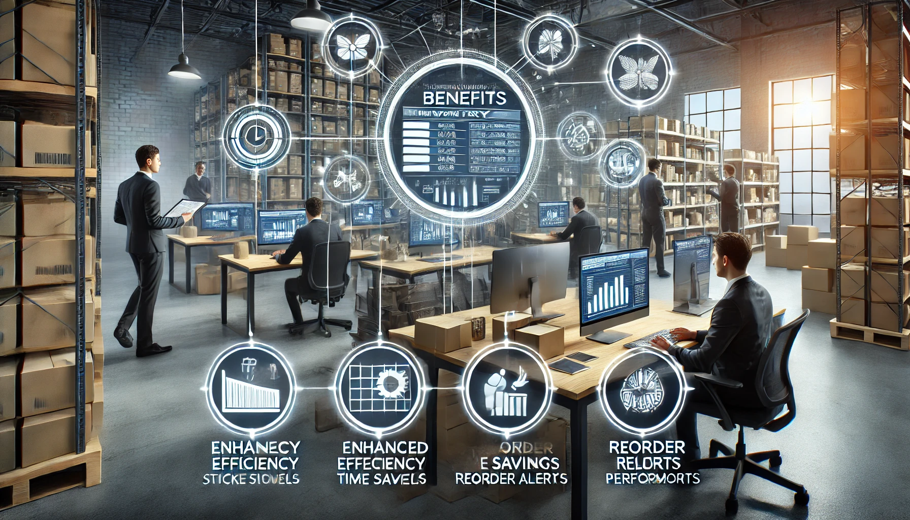 A professional office environment where employees use computers and tablets to monitor real-time inventory data