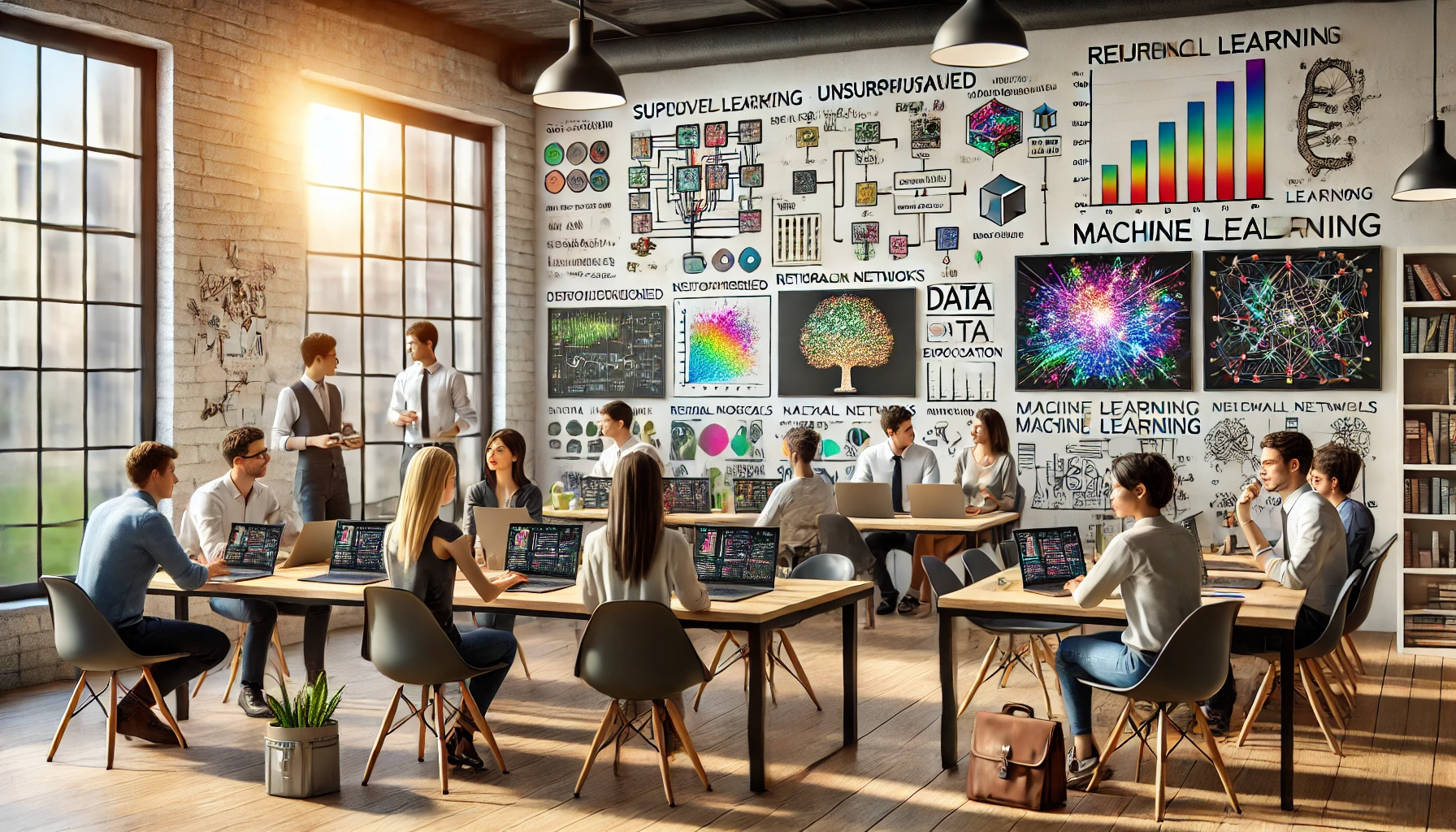 Realistic depiction of a modern classroom where students learn alongside digital screens showing machine learning content, representing AI in education