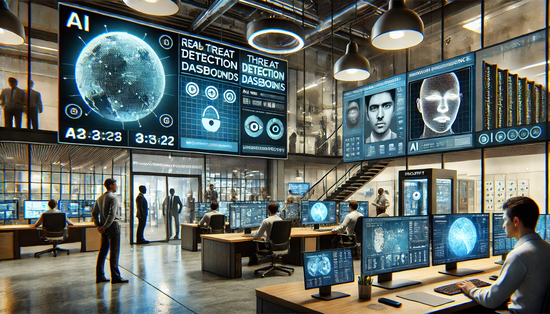 Security analysts in a modern cybersecurity operations center monitoring large wall screens showing network security dashboards and threat alerts