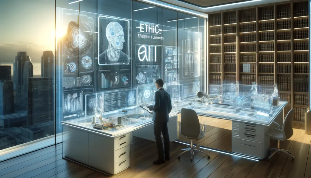 A specialist standing in a futuristic room beside a large transparent holographic display reading ETHICS, with AI brain graphics, representing AI ethics and policy