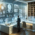 A specialist standing in a futuristic room beside a large transparent holographic display reading ETHICS, with AI brain graphics, representing AI ethics and policy
