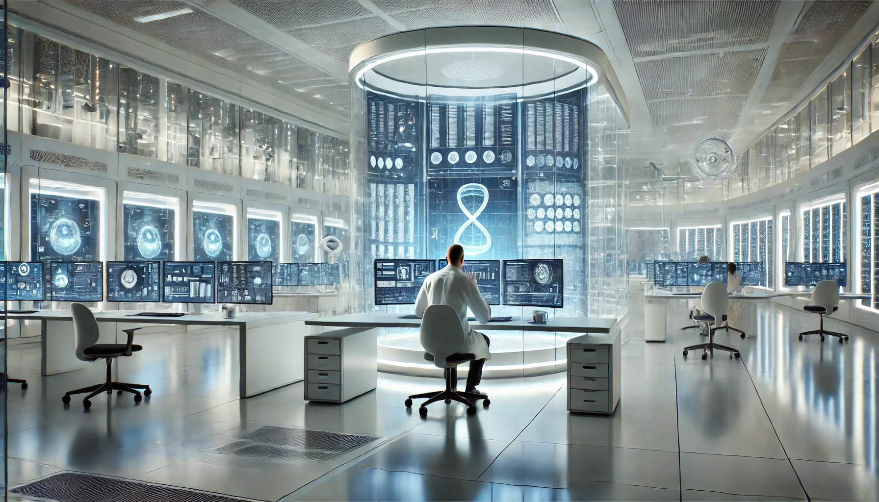 AGI Research Scientist working with advanced AI systems in a futuristic lab.