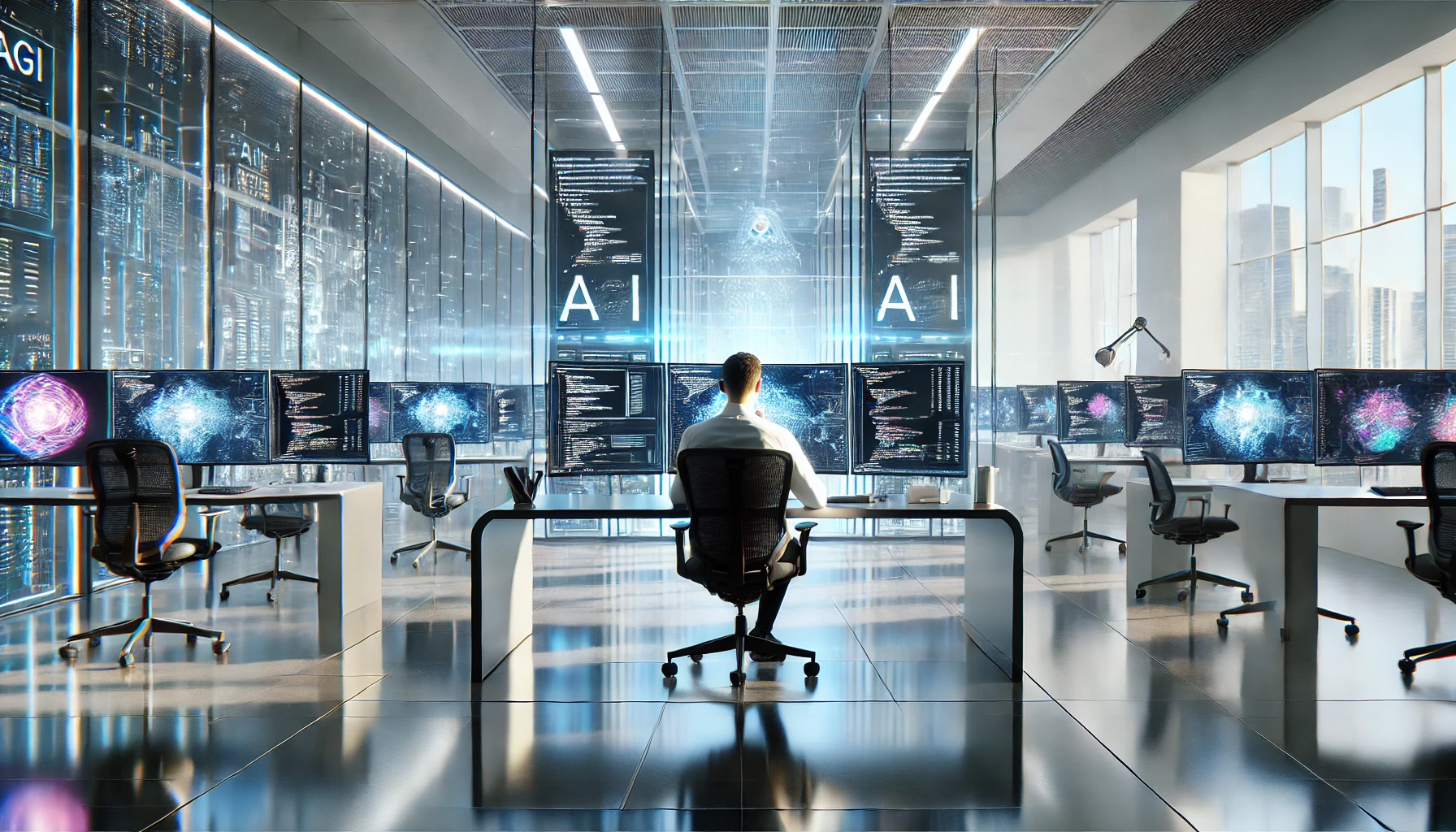 AGI Software Engineer working in a futuristic office with advanced AI systems and code.