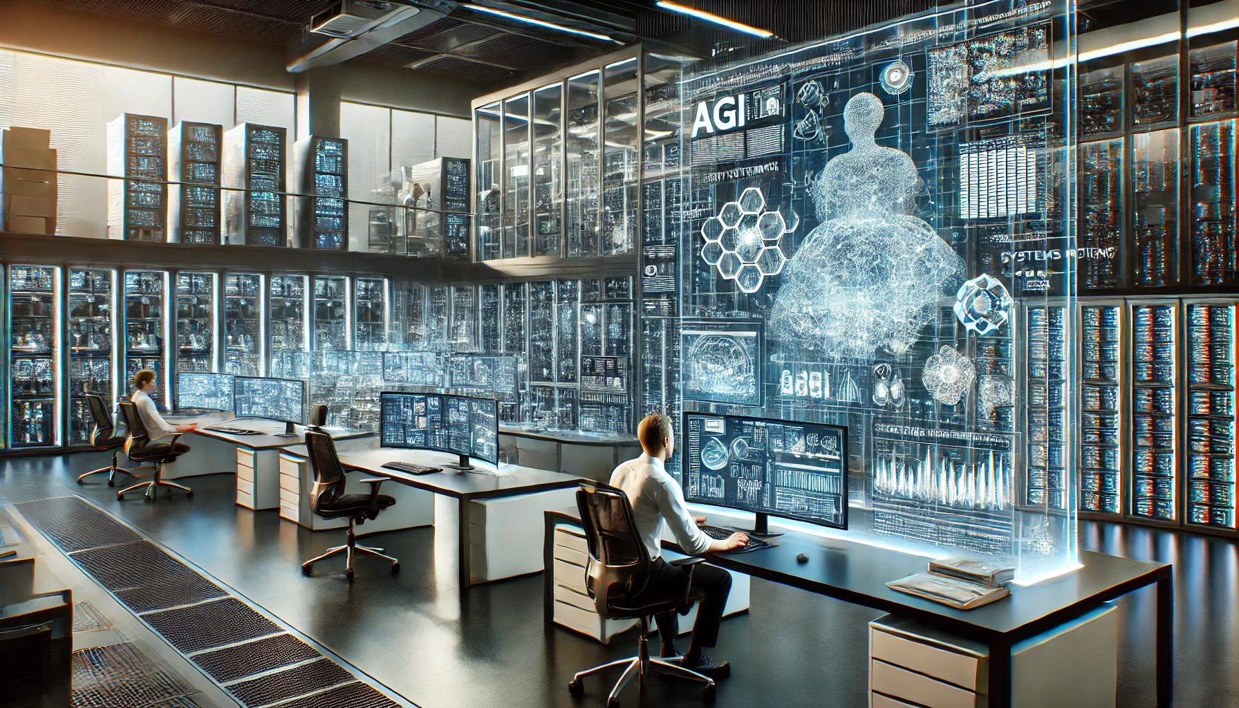 AGI Systems Architect designing AI systems with advanced simulations in a high-tech control room.