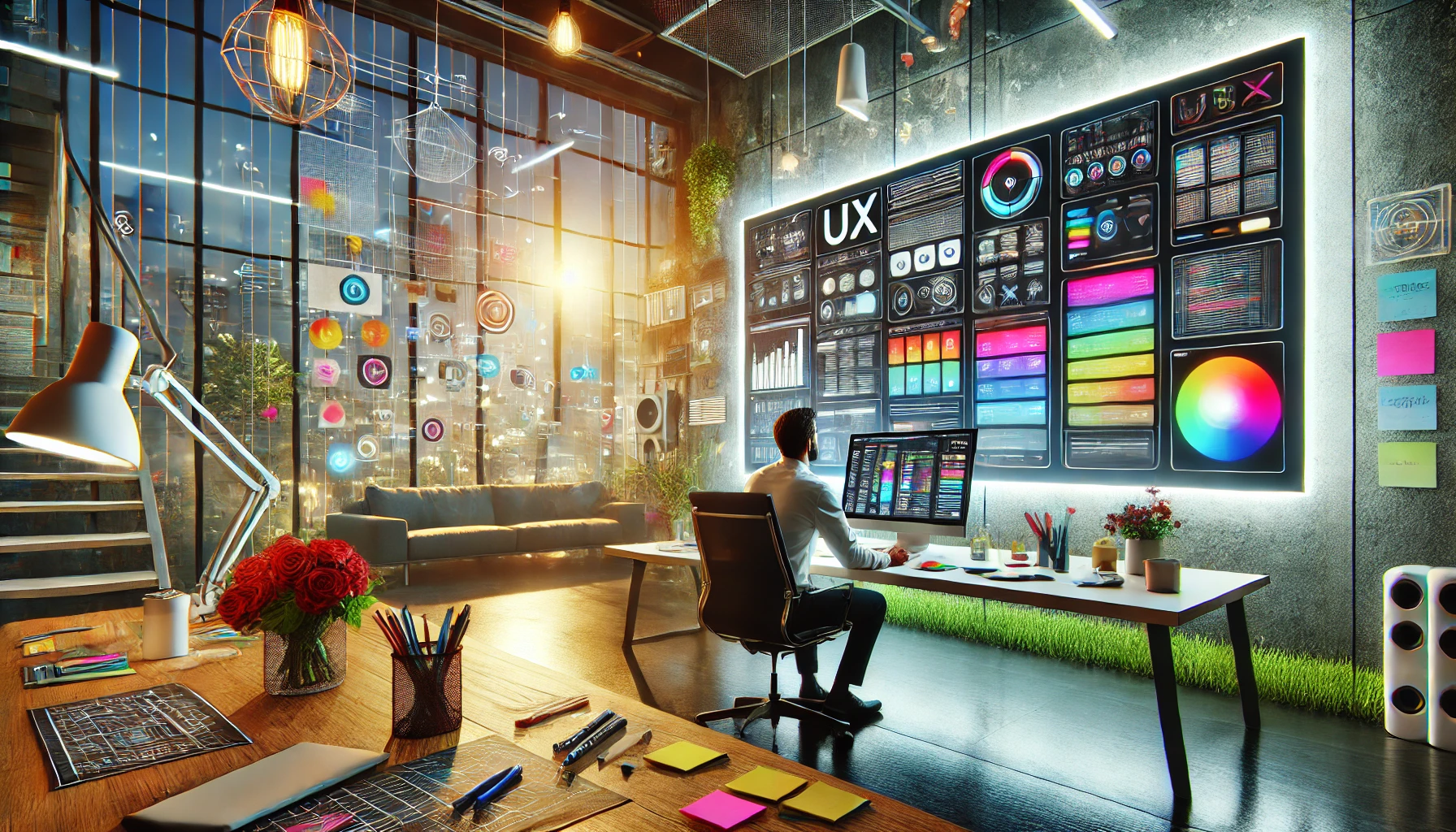 (UX) Designer working on colorful interface designs in a modern, creative office environment.