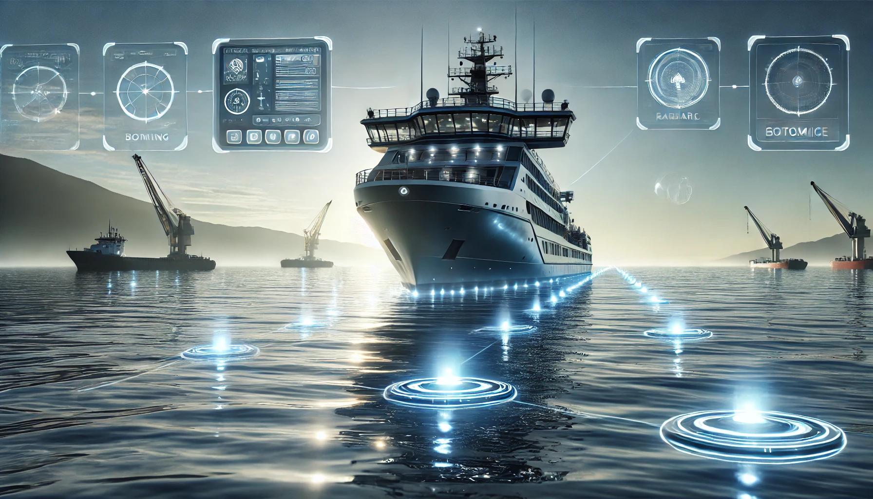 Advanced ship equipped with Boening ship automation, sailing on calm waters.