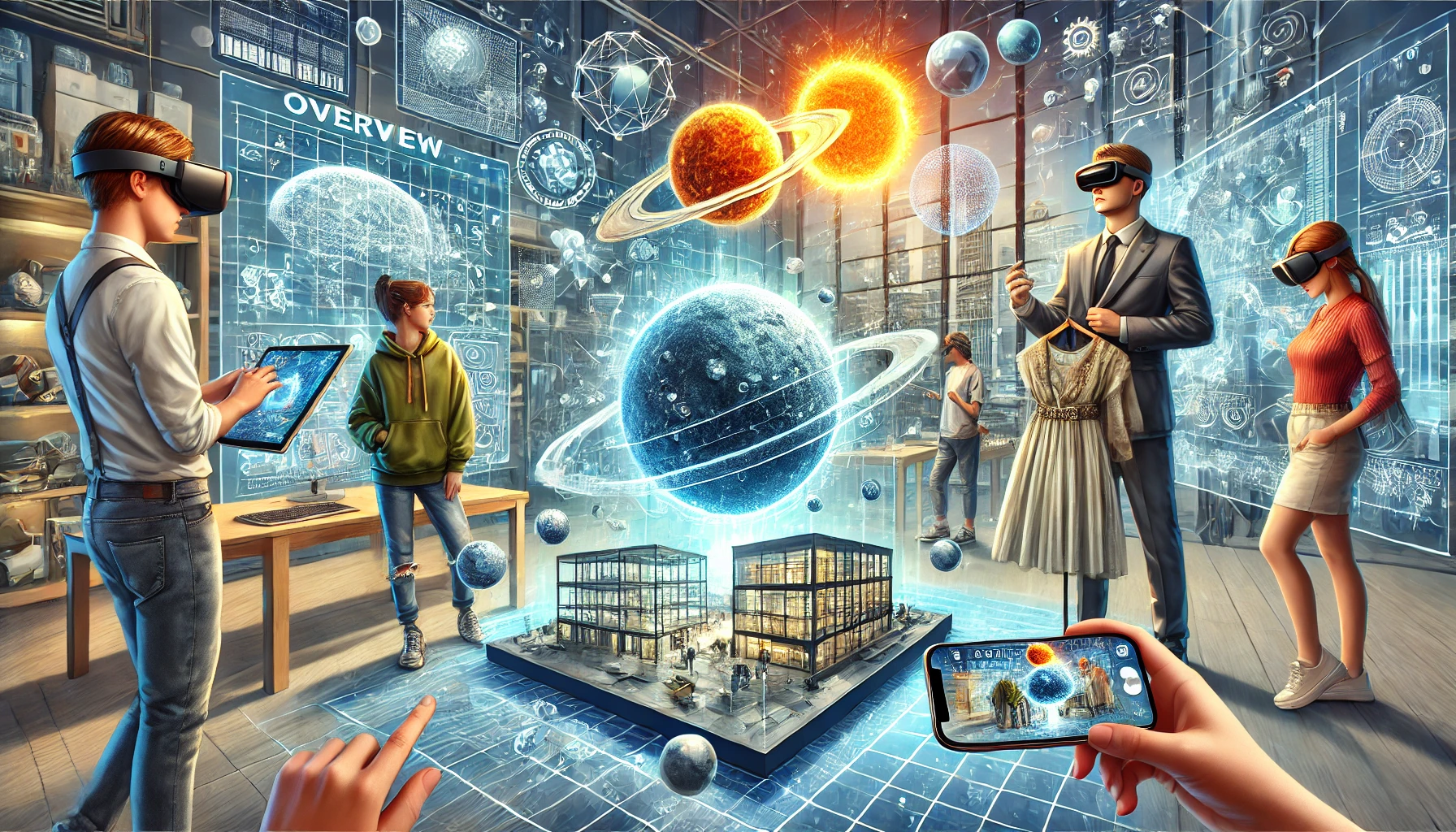 An illustration showing Trigger Augmented Reality in education, retail, and design, highlighting its versatility