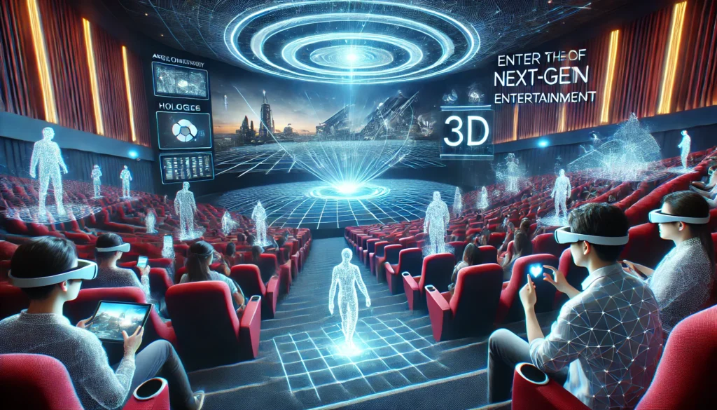 Augmented Reality Cinema showcasing audiences using AR glasses to interact with holographic movie elements