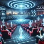 Augmented Reality Cinema showcasing audiences using AR glasses to interact with holographic movie elements