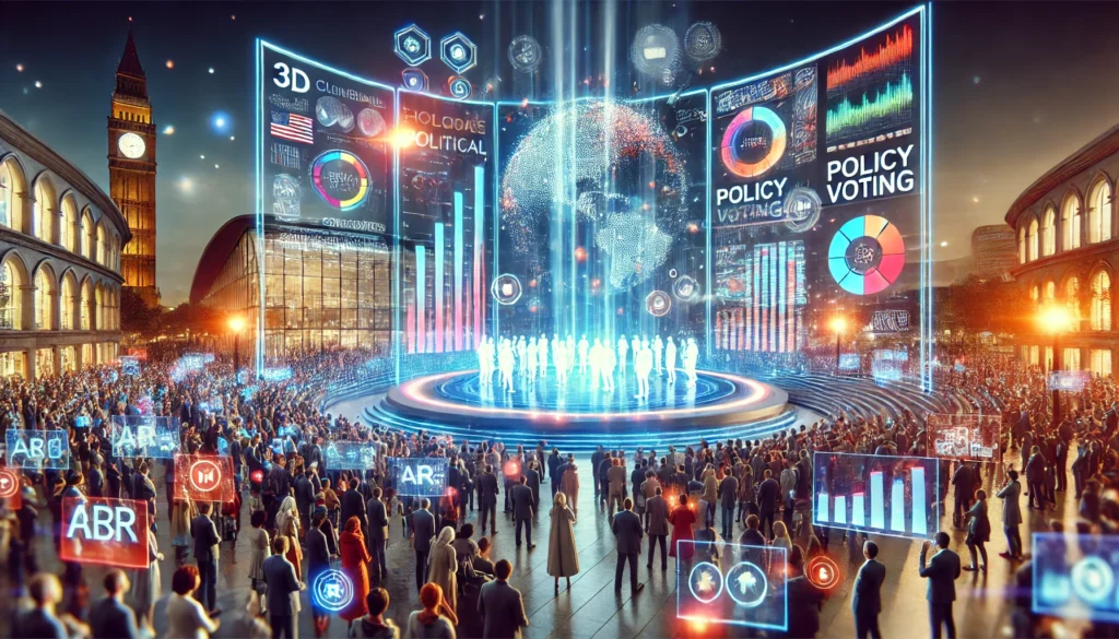 Augmented Reality Politics: Citizens engaging with holographic debates and data in a digital democracy.