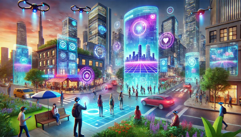 Futuristic cityscape showcasing people interacting with holograms and devices using augmented reality