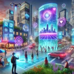 Futuristic cityscape showcasing people interacting with holograms and devices using augmented reality