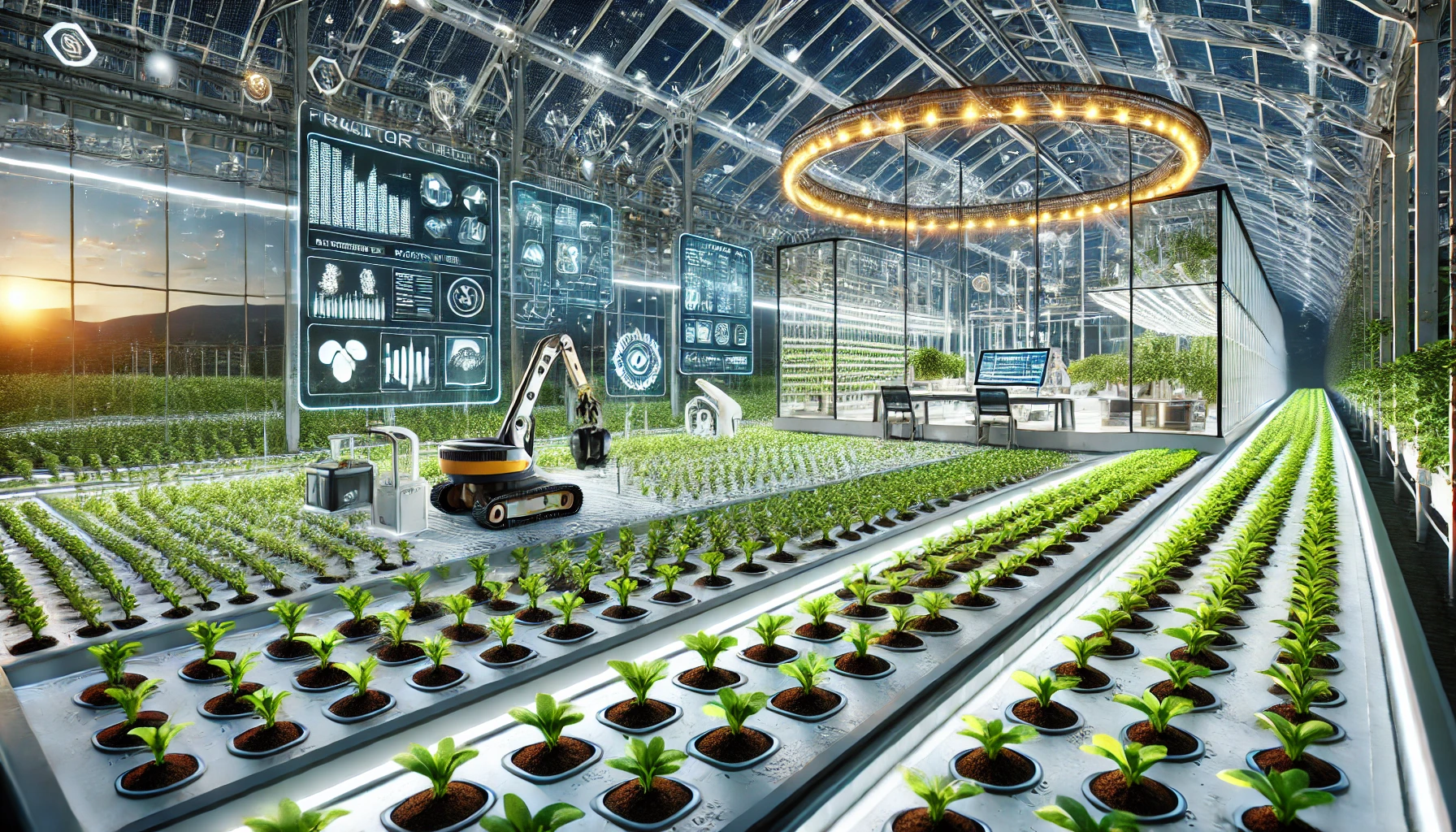 Automated Planting system in a high-tech greenhouse with sensors, robots, and organized crop rows.