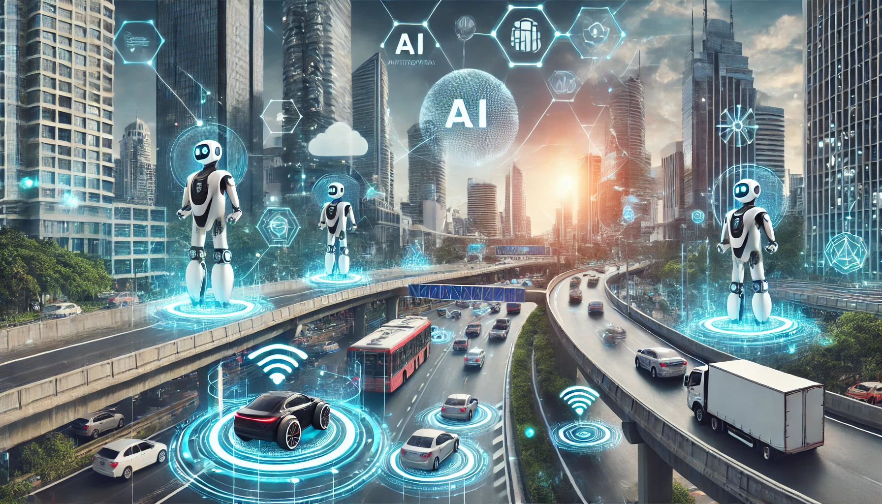 Automated Signal Traffic Control system in a futuristic city with smart signals and AI sensors