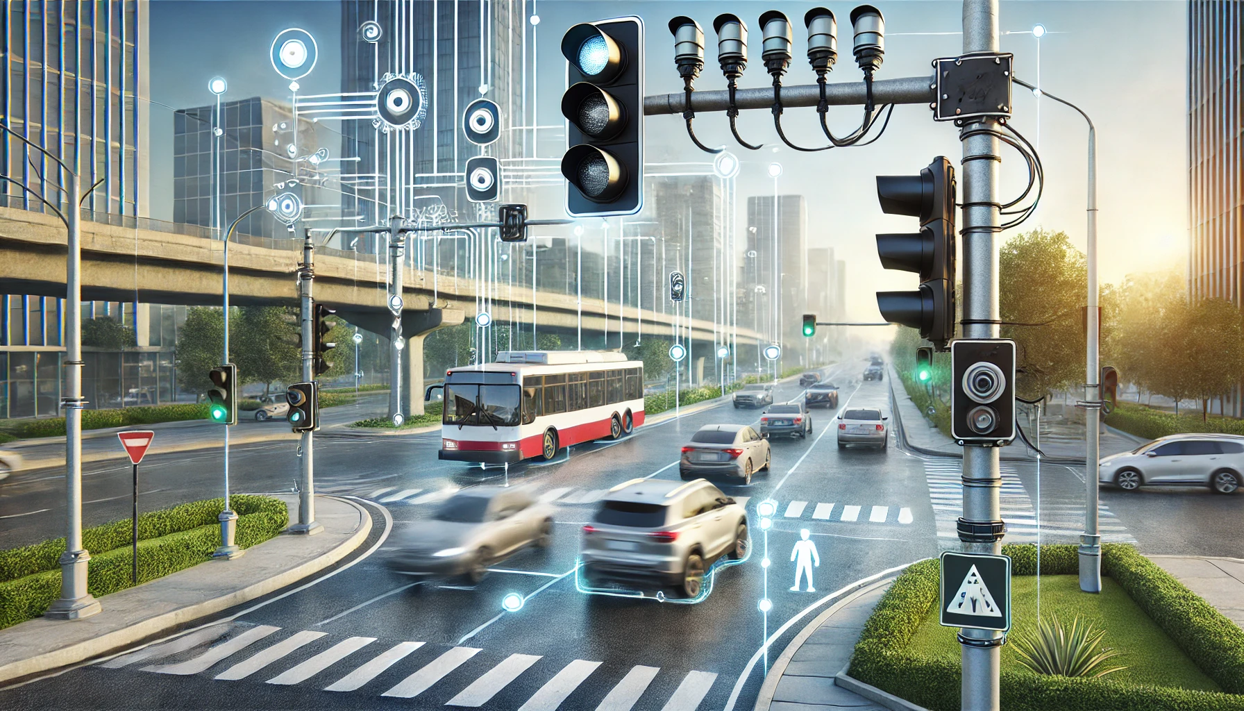 Automated Traffic Signal Controller managing an urban intersection with sensors.