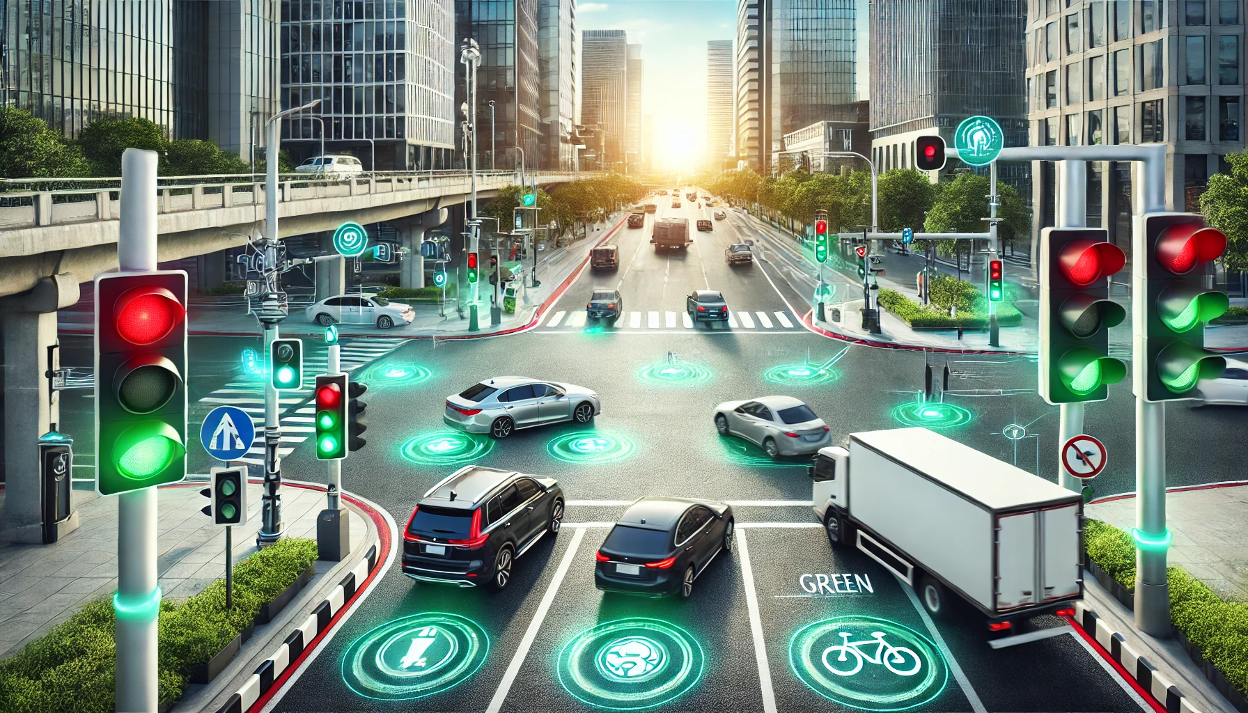 Automated Traffic Signal Controller optimizing an urban intersection for smooth flow.