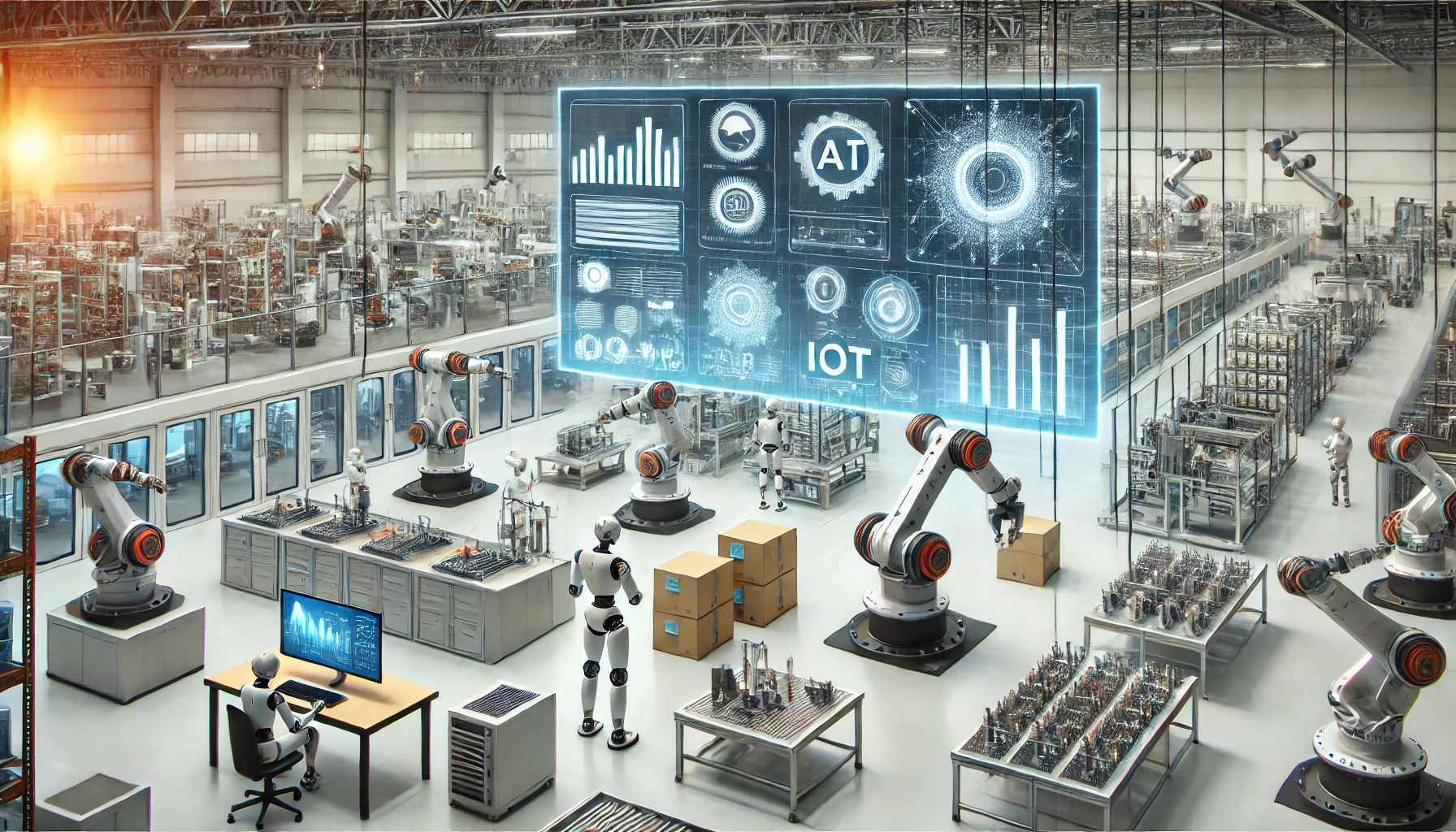 Automation Manufacturing Industry showcasing AI-driven analytics, IoT machinery, and robotics.