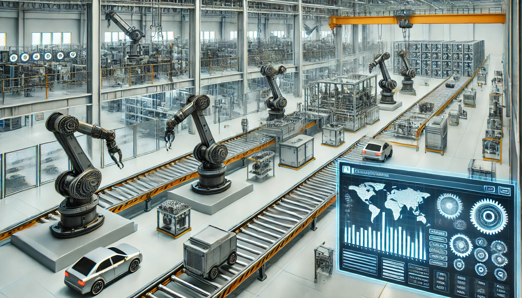 Automation Manufacturing Industry with robotic arms assembling components, automated vehicles, and a control panel optimizing production and energy efficiency