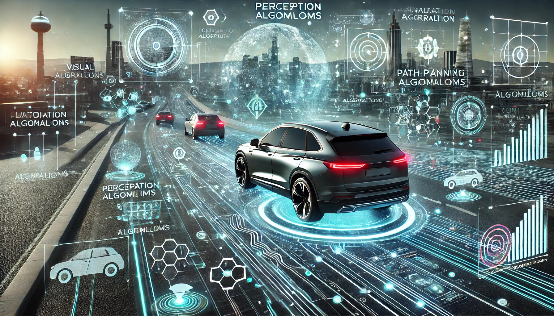 Autonomous vehicle in motion with digital overlays for sensors, algorithms, and a futuristic city backdrop.