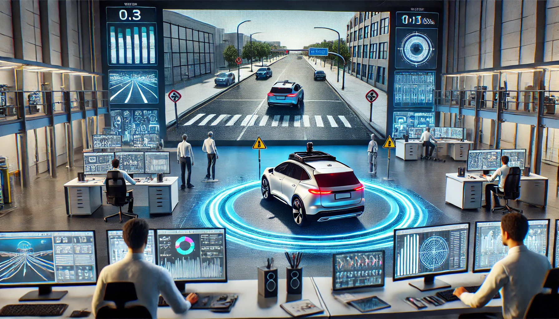 Autonomous vehicle testing in a simulation lab with virtual screens, engineers, and real-time data analysis.