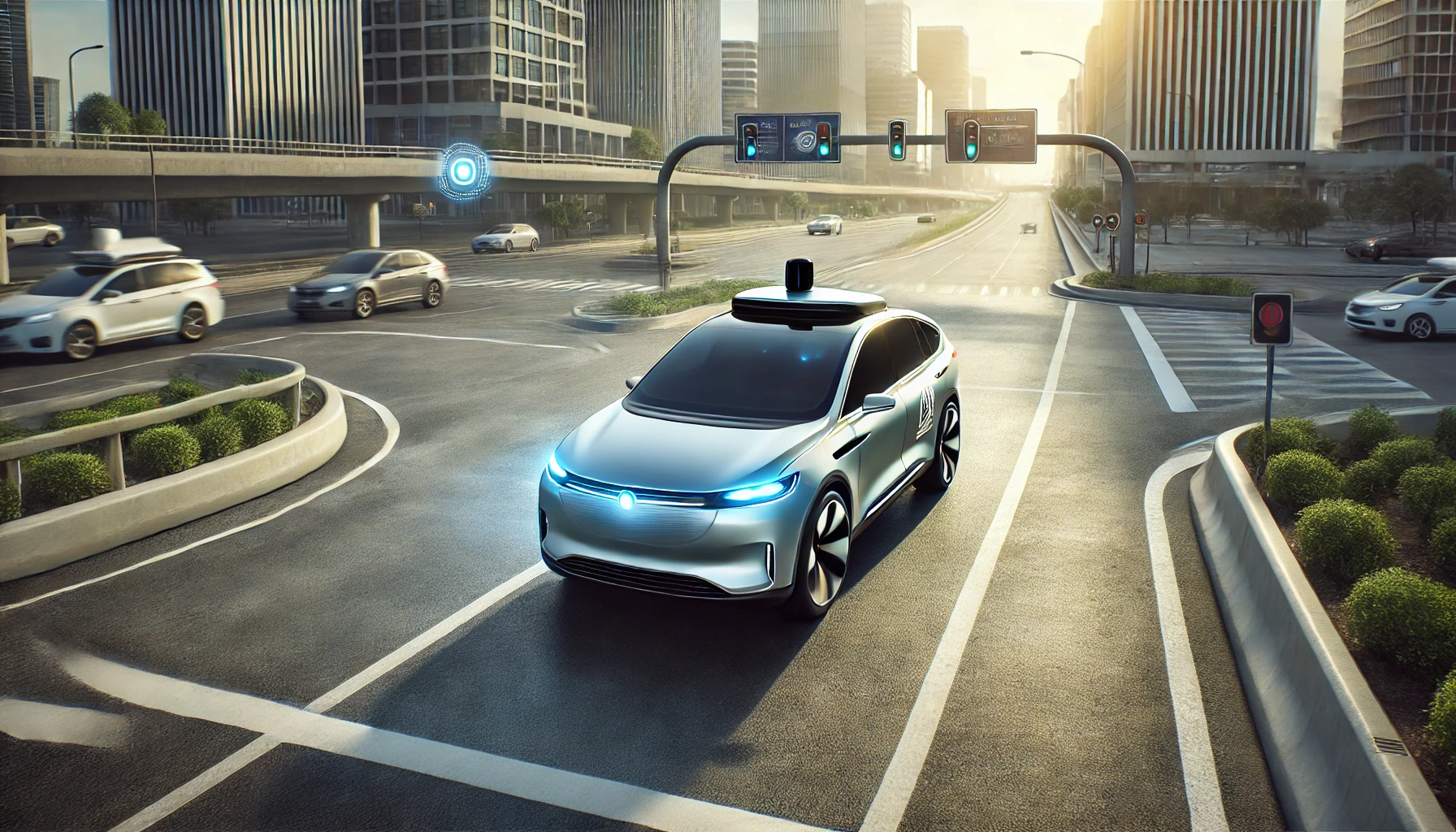 A self-driving car on a modern city road with advanced sensors, digital signs, and smart infrastructure.