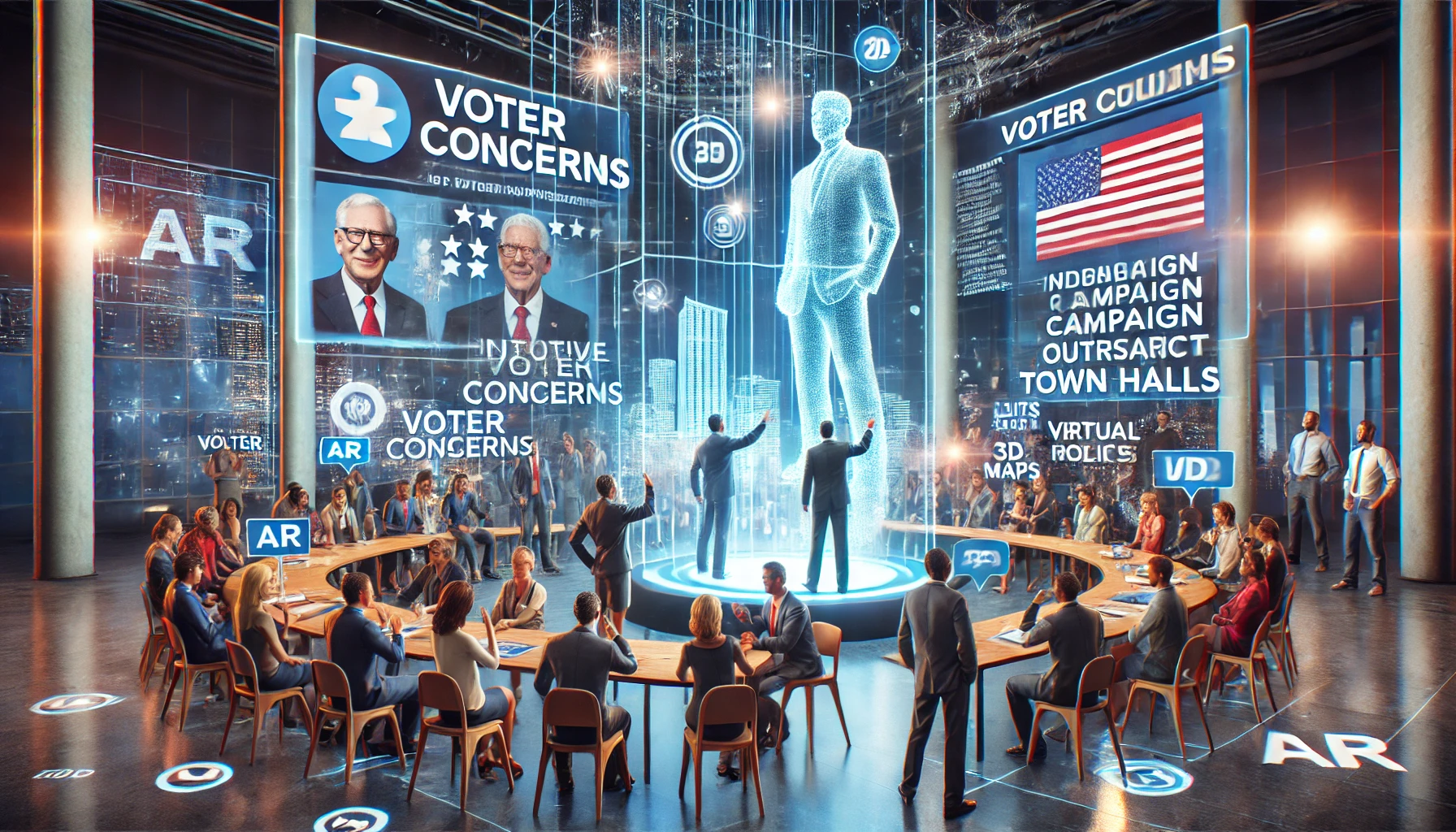 Engaged voters using augmented reality politics with holograms, AR glasses, and interactive visuals