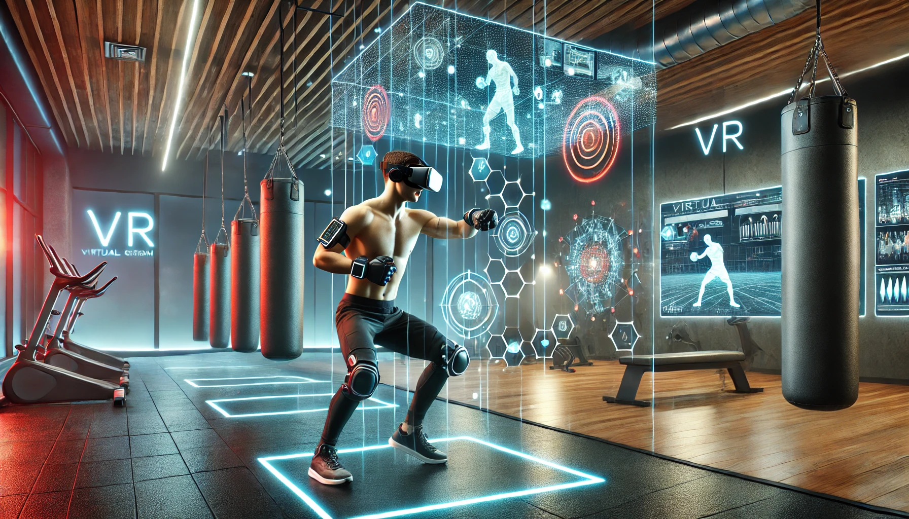 Person exercising with virtual reality in a gym, showcasing the benefits of VR for fitness and health