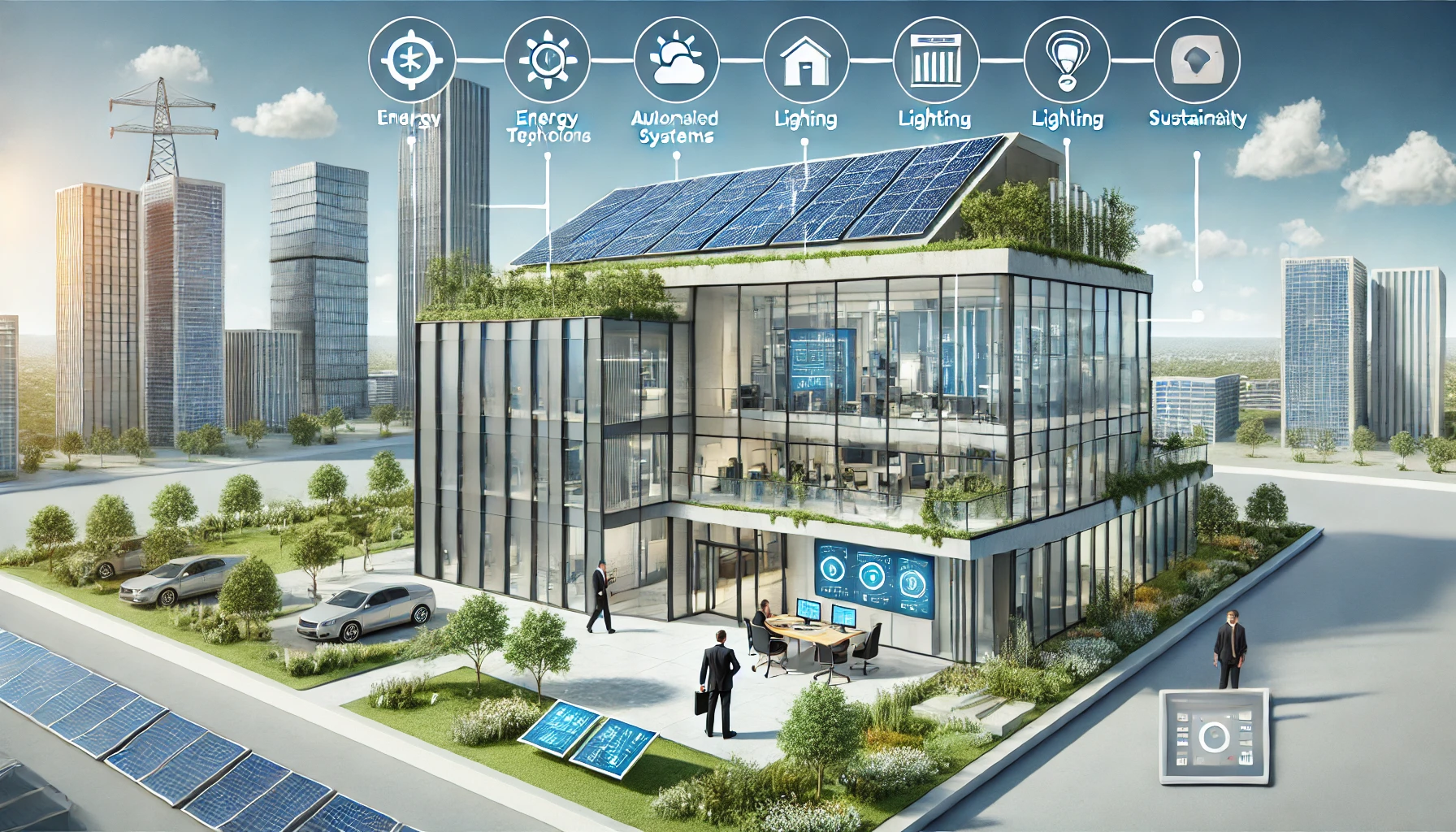 Modern office building showcasing energy-efficient Building Automation Systems with advanced controls.