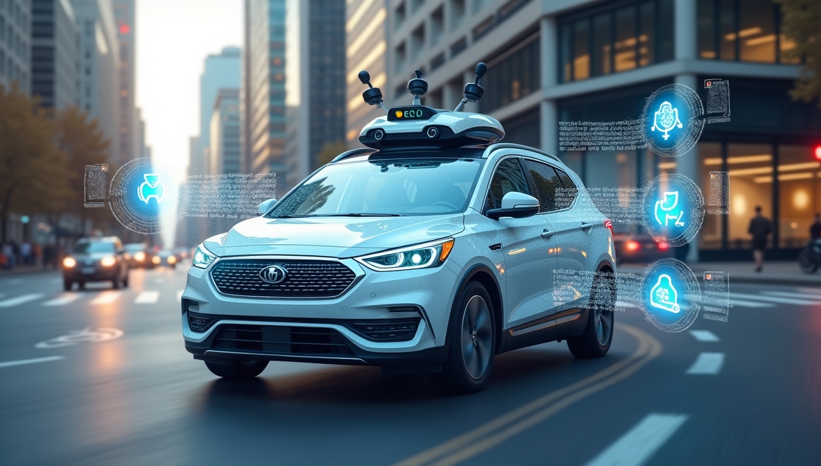 Autonomous vehicle with safety features and protection technology in a modern city environment.