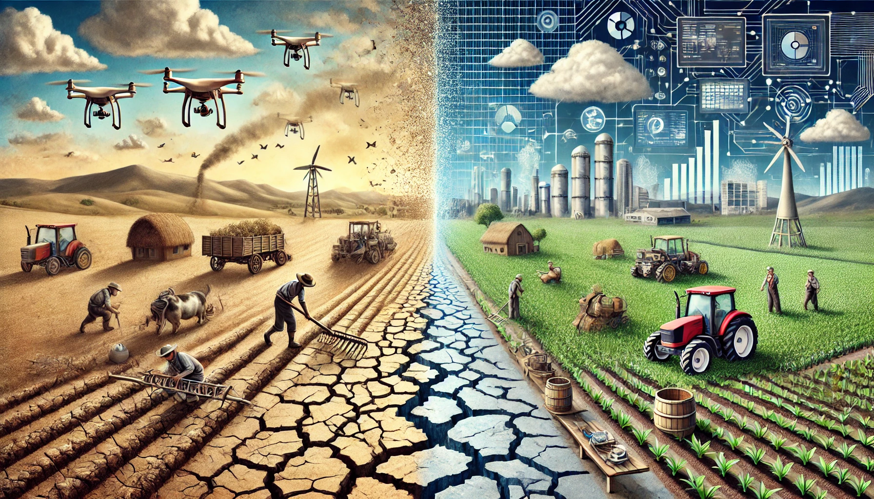  A split-view scene displaying traditional farming on one side and modern ag-tech advancements on the other, symbolizing the struggle to balance heritage with innovation.