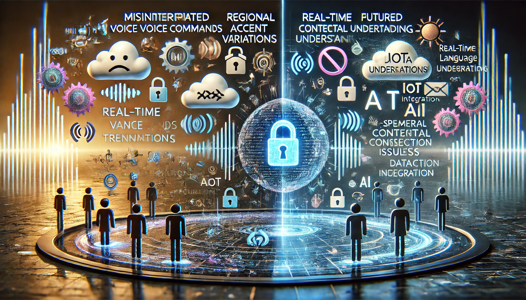 A conceptual representation of the challenges and future of voice recognition technology.