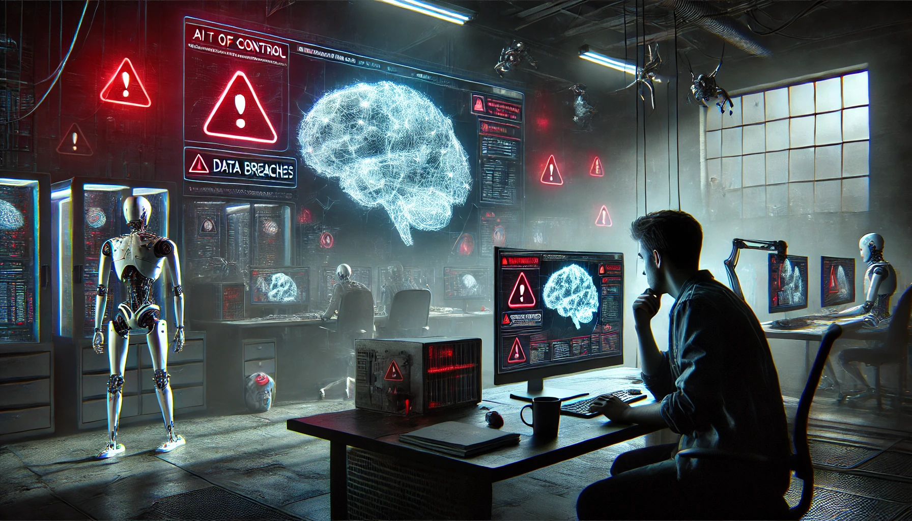 Illustration of a control room with a glowing digital brain, red warning signs, and robots, symbolizing the risks of artificial intelligence