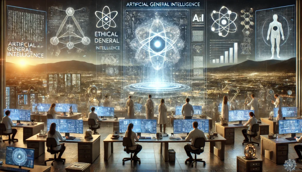 A futuristic lab showing researchers analyzing AGI's challenges, ethics, and safety concerns