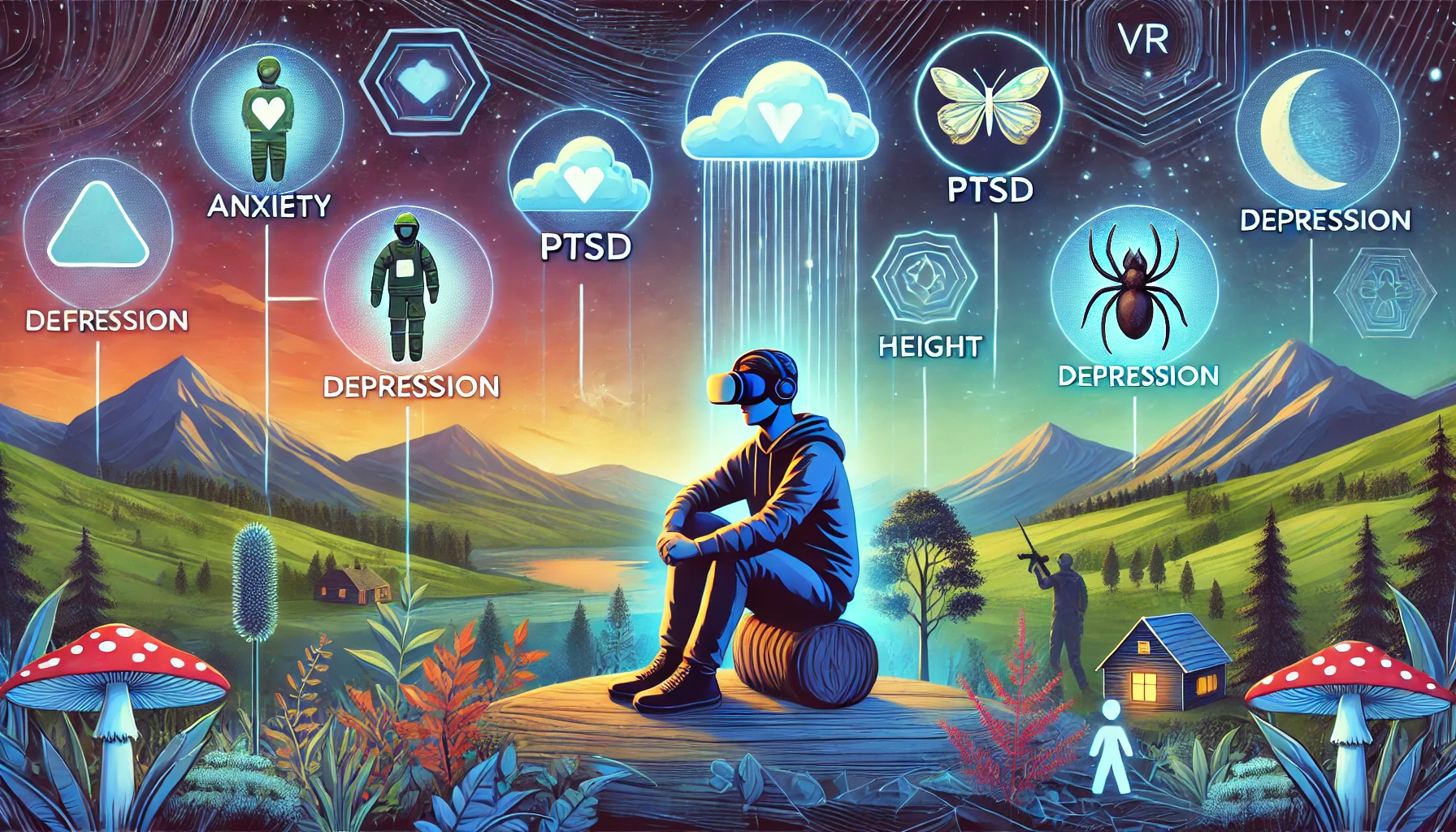 Person using virtual reality therapy to address anxiety, PTSD, depression, and phobias in a calming setting