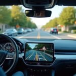 Car dashboard displaying a computer-vision lane-assist overlay detecting road markings and signs while a driver steers