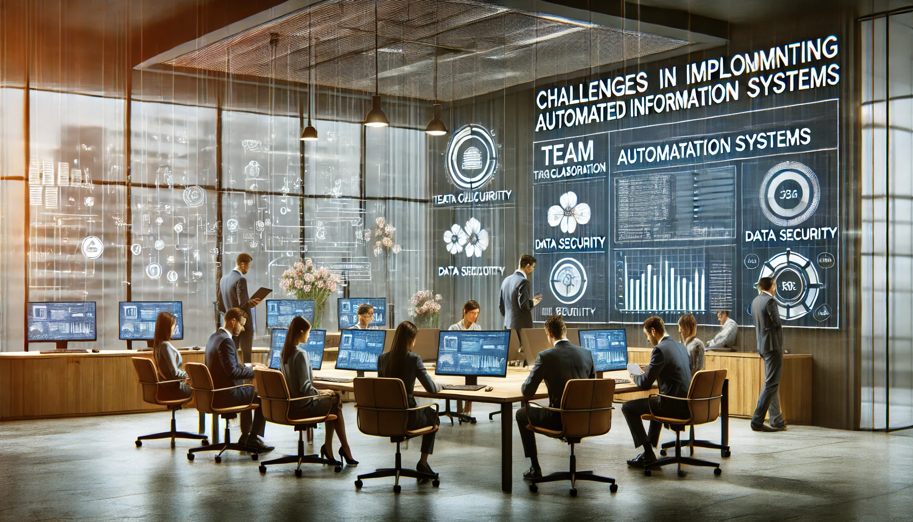 A modern office setting showing team collaboration and data security, depicting challenges in automated information systems.