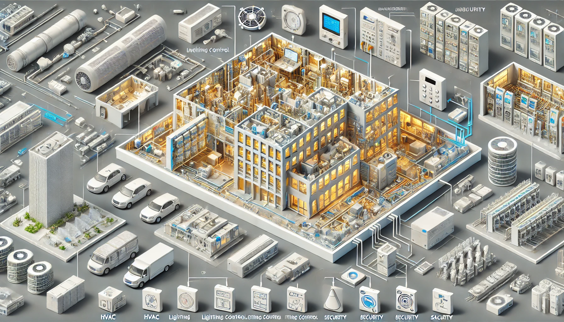 Diagram of Building Automation Systems including HVAC, lighting, security, and safety.