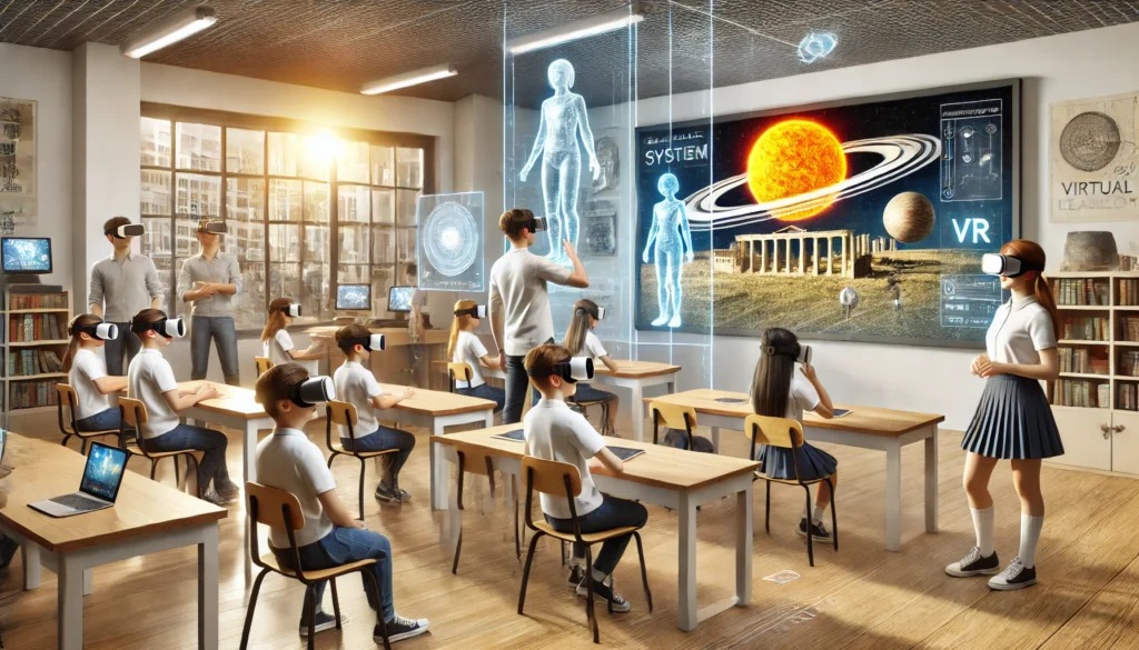 Students using VR headsets in a futuristic classroom, showcasing the impact of education in virtual reality