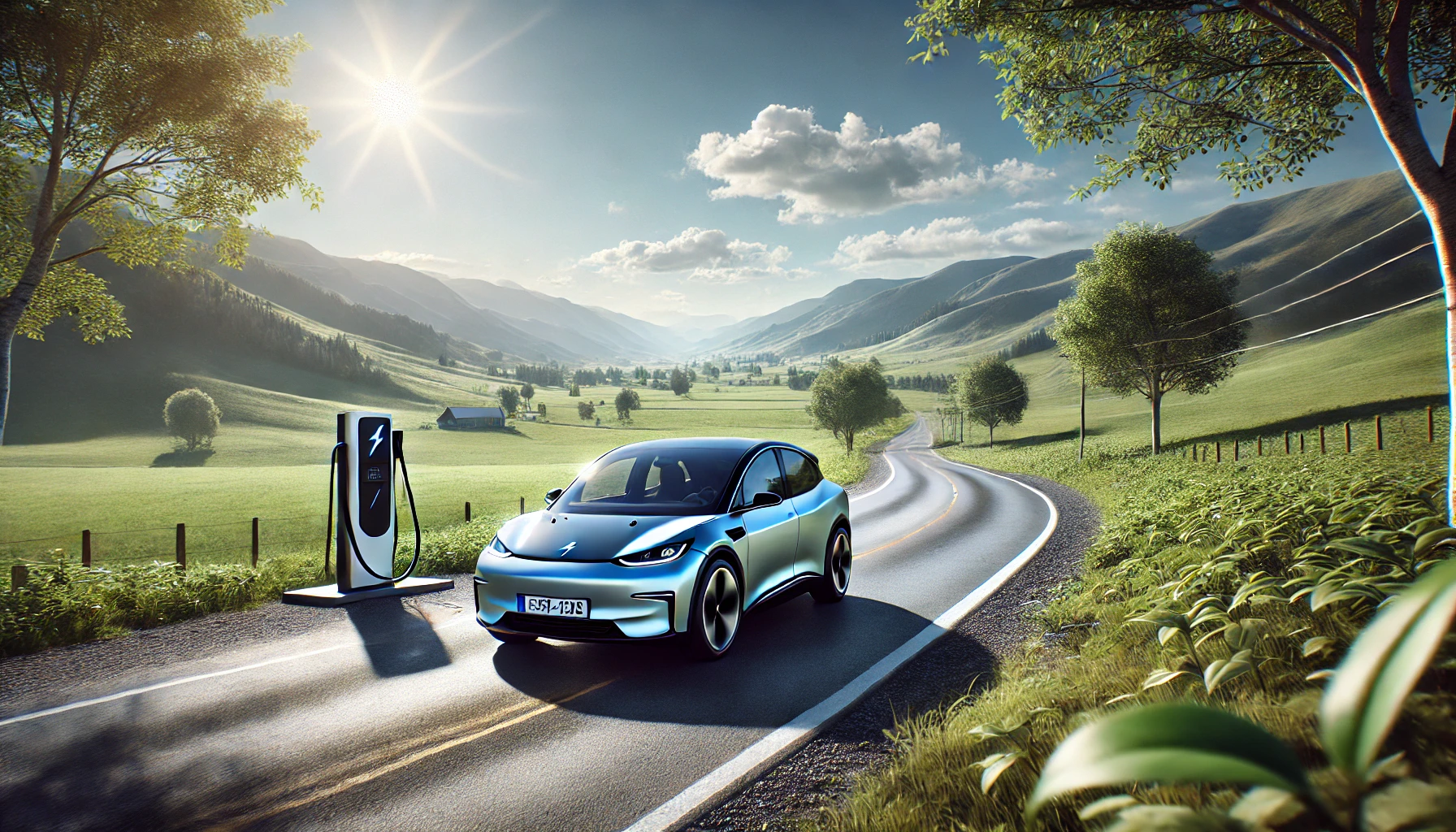 A sleek electric vehicle driving on a scenic road with green fields and a bright sunny sky.