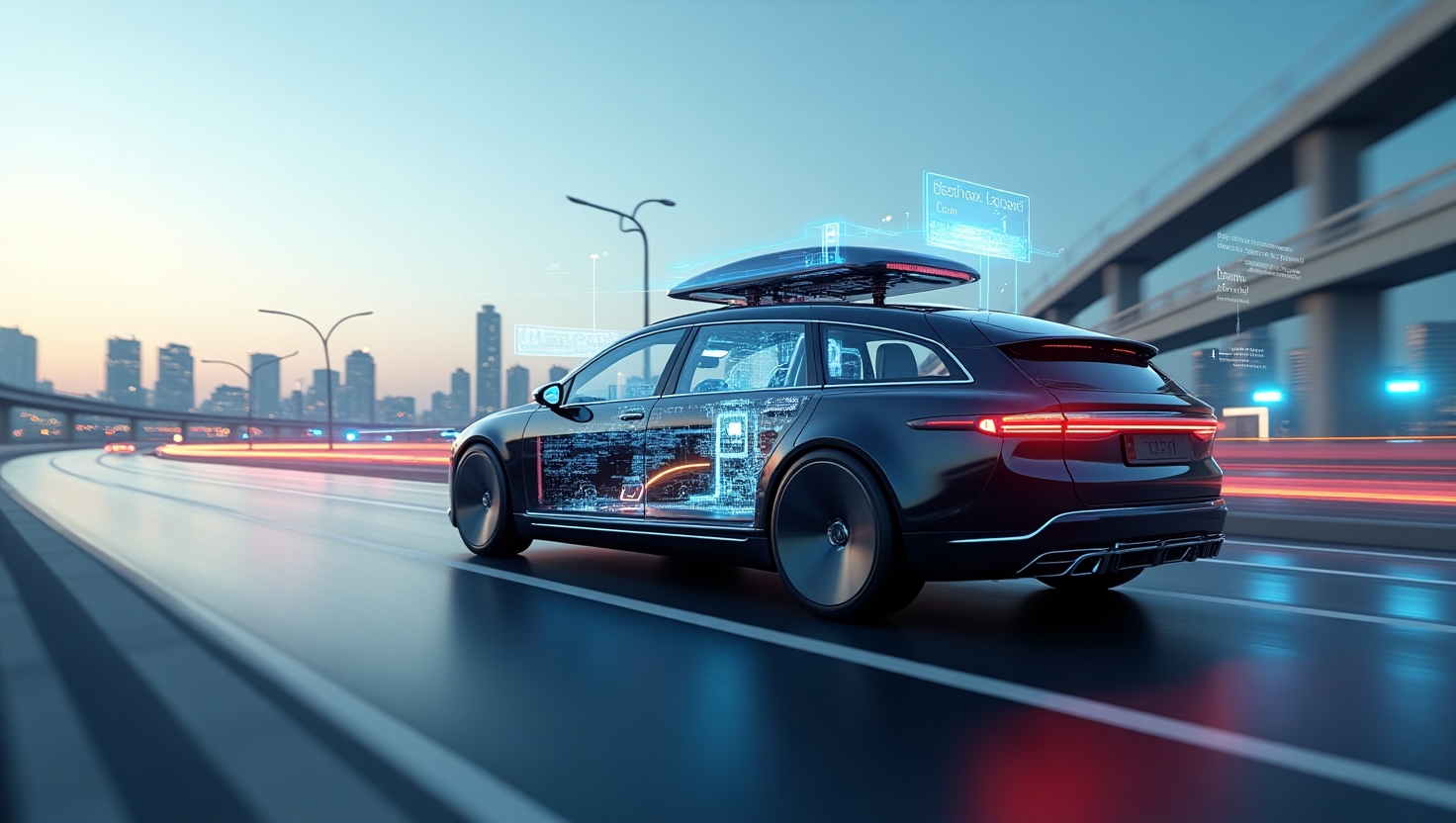 Futuristic autonomous vehicle showcasing advanced sensors, processors, and connectivity systems.