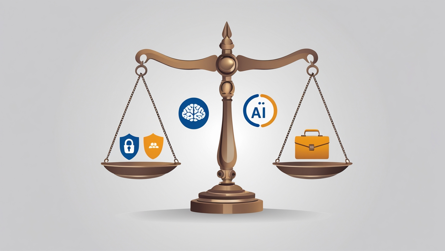 Justice scale balancing privacy, bias, job displacement, and transparency in Narrow AI ethics.