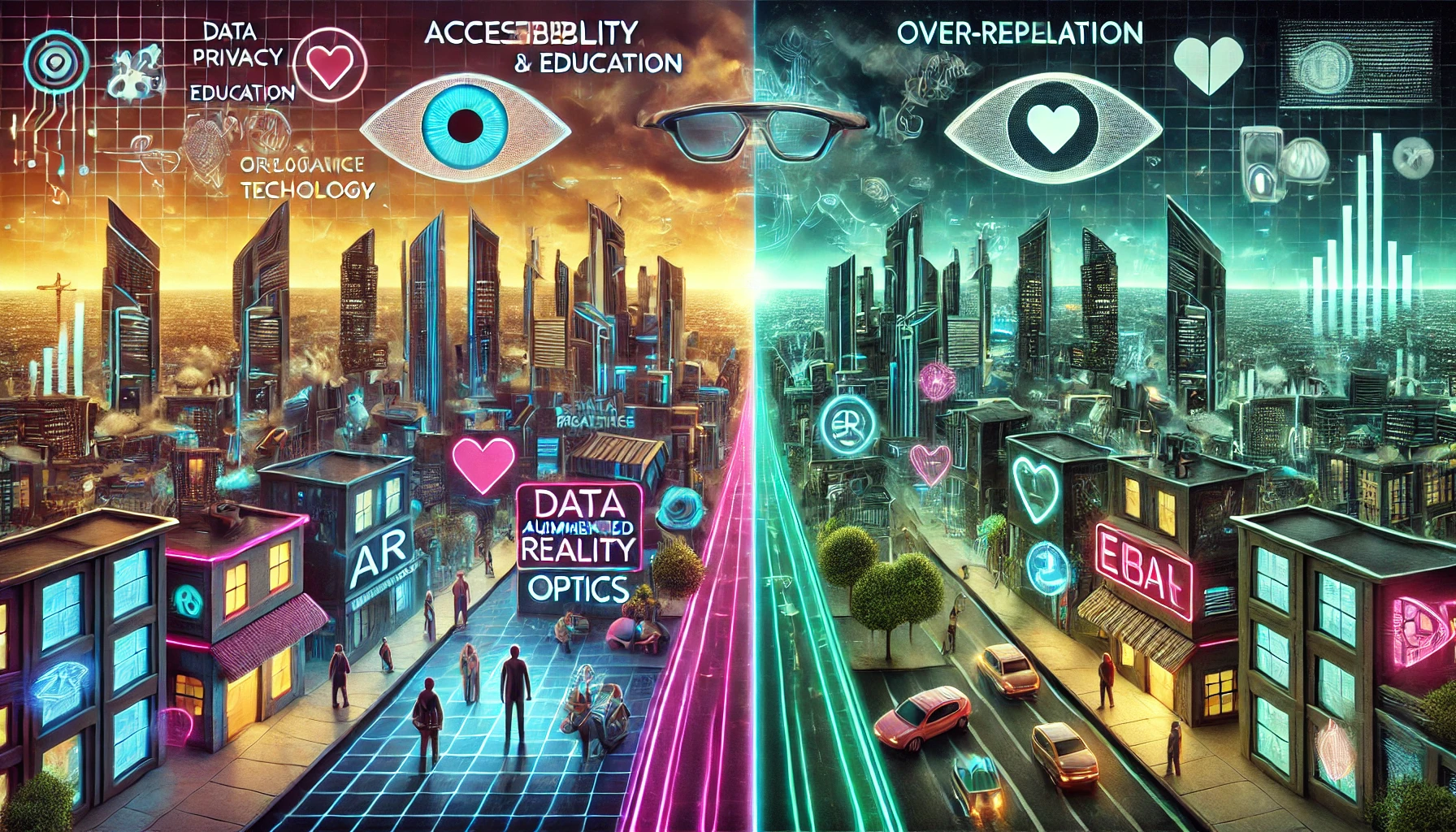 Illustration of augmented reality optics showing both positive benefits and ethical concerns in society