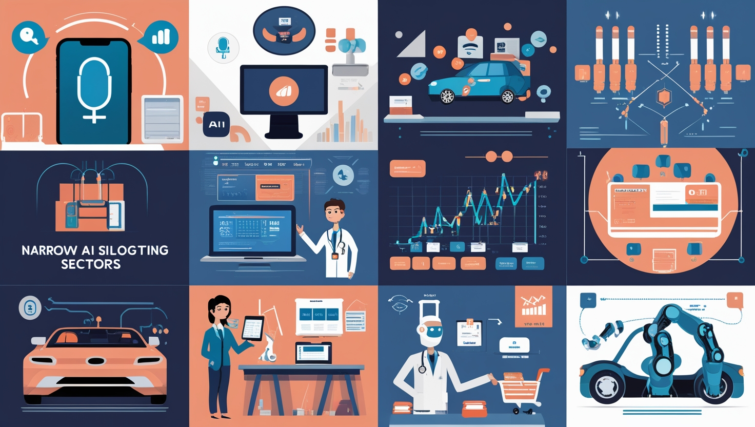 Infographic showcasing Narrow AI in various sectors: healthcare, retail, finance, and more.