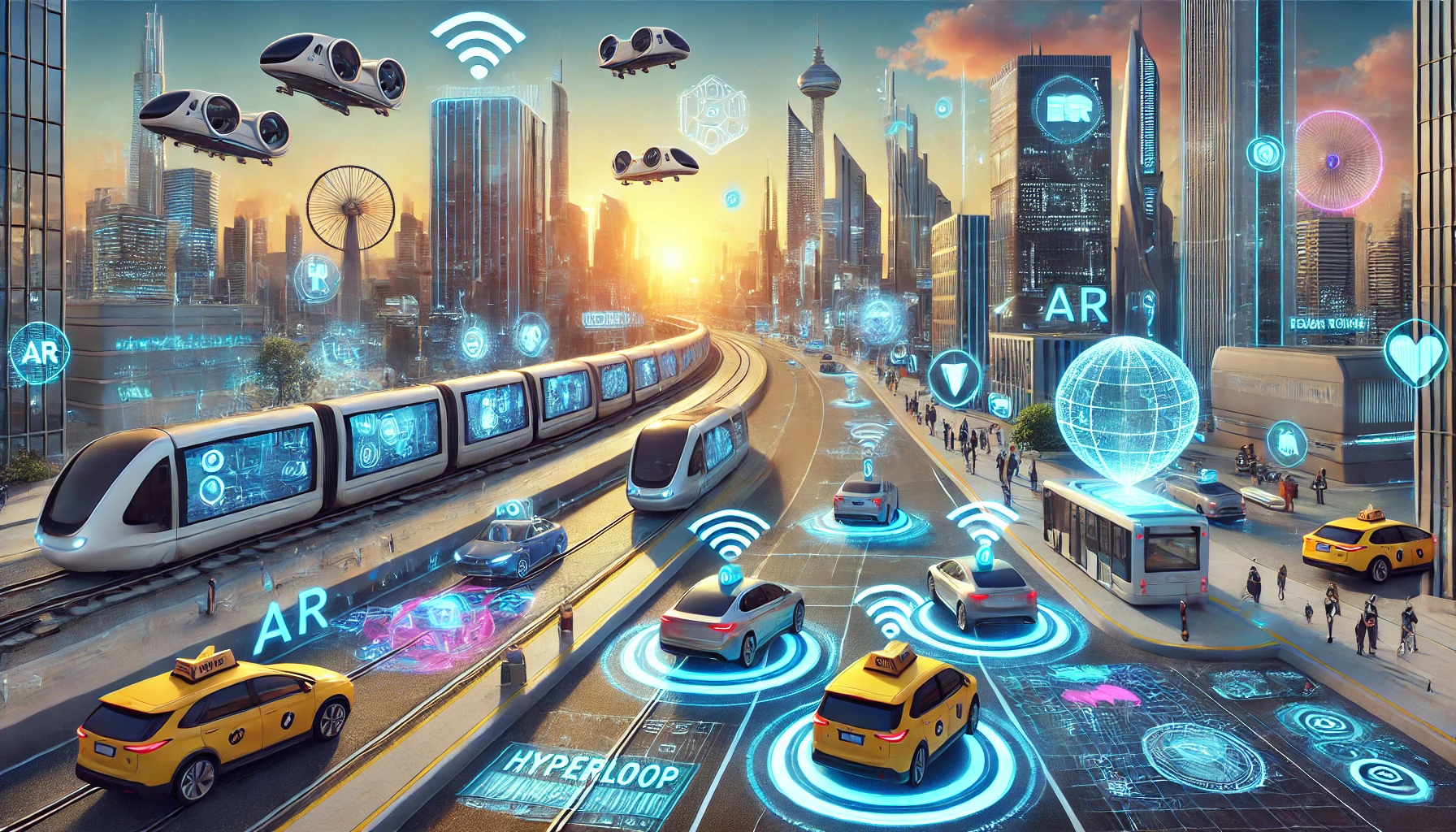 Future of augmented reality transportation with smart navigation, flying taxis, and interactive travel