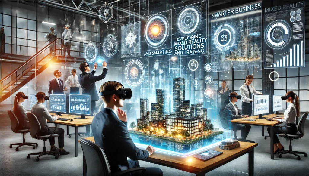 Professionals using mixed reality solutions for virtual training, data visualization, and business planning