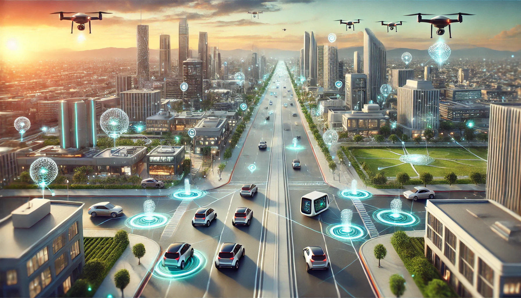 Futuristic city with autonomous vehicles, smart roads, and advanced AI-driven infrastructure.