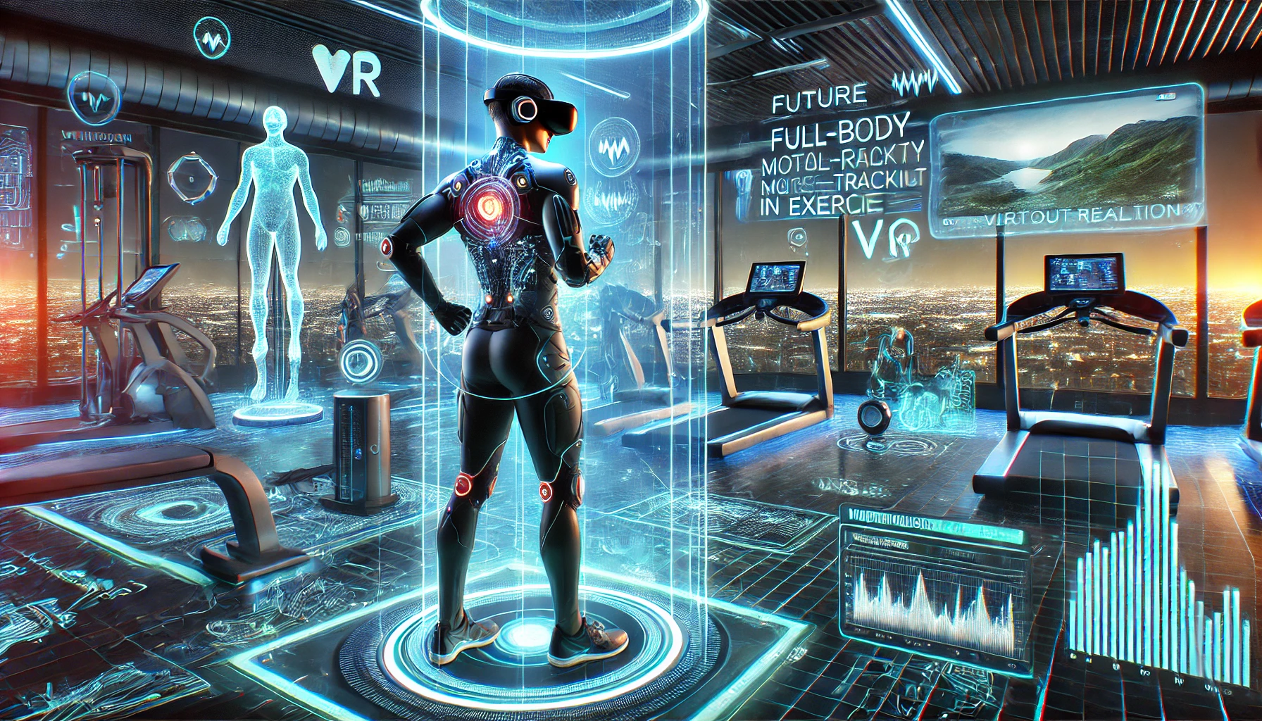 Futuristic gym showcasing the future of virtual reality in exercise with advanced VR technology.