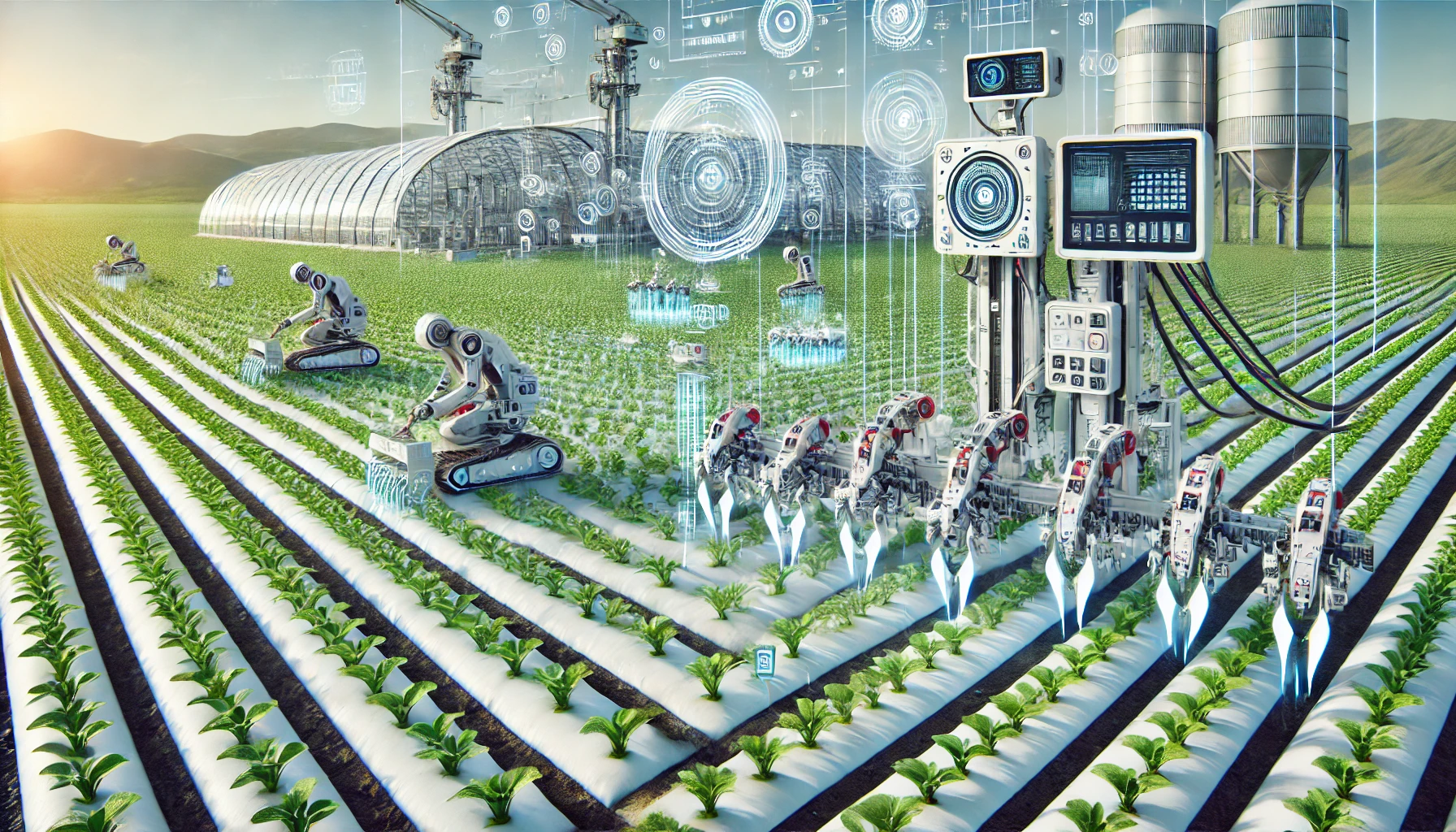 Futuristic agricultural landscape featuring an Automated Planting System. 